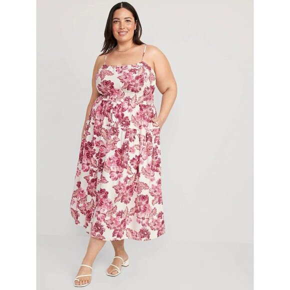 Old Navy Women Waist-Defined Floral Linen-Blend Smocked Midi Cami Dress 2X Pink - Picture 1 of 13